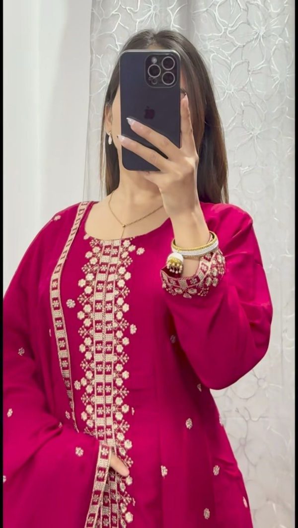 Red Chinon Embroidery Work With Kali Salwar Suit - Image 2