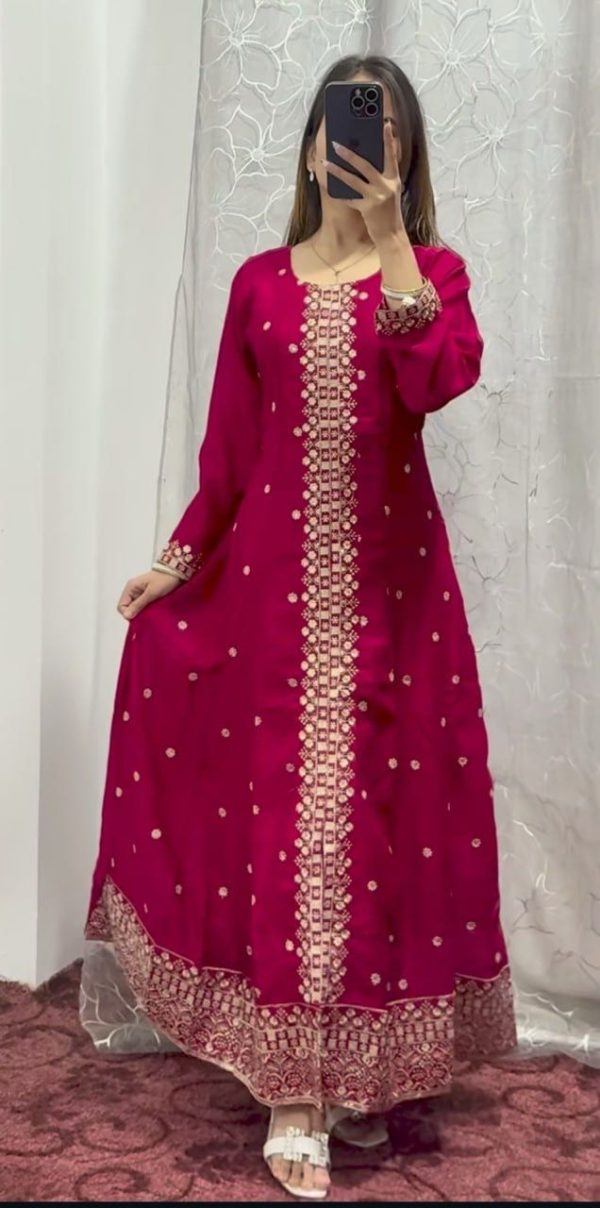 Red Chinon Embroidery Work With Kali Salwar Suit - Image 3