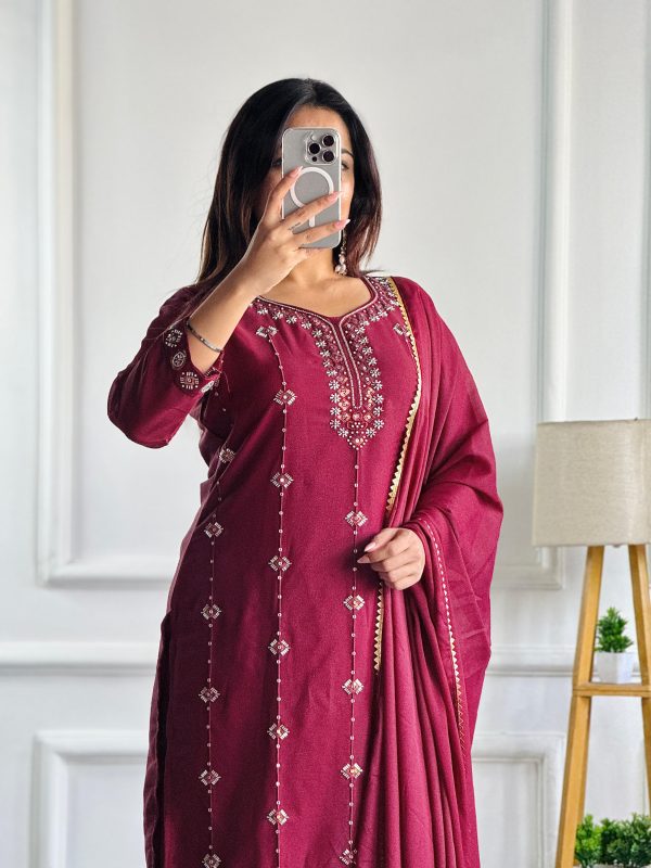 Red Star Georgette Embroidery Moti Work Salwar Suit - Image 2
