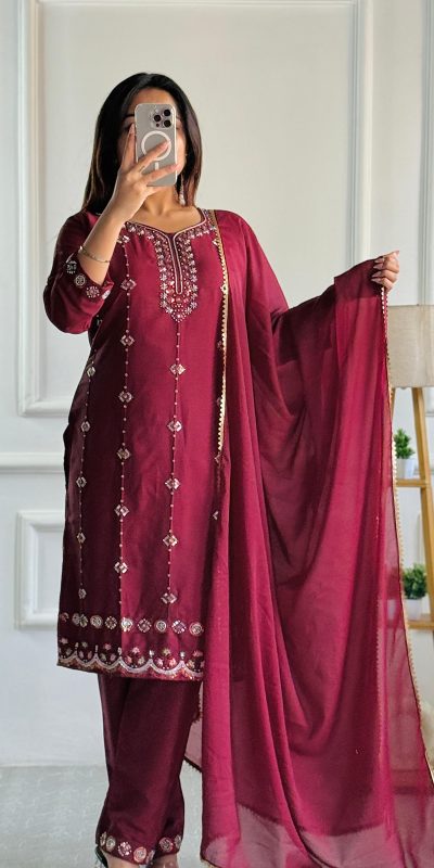 Glowing Red Color Star Georgette With Embroidery Moti Work Salwar Suit