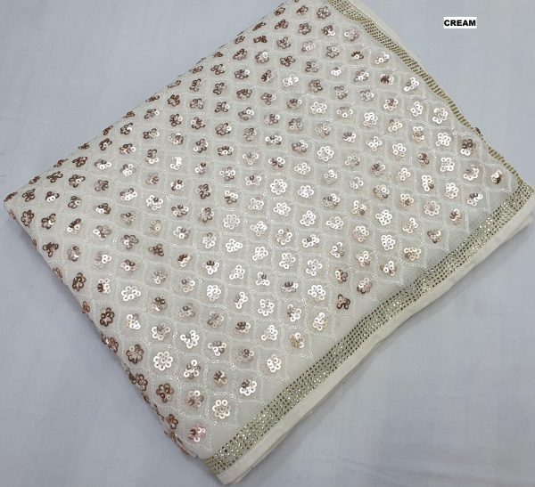 White Georgette Dual Sequins Embroidery Sequins Work Saree
