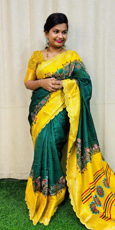 Green Dola Mangalagiri Checks Floral Print Saree