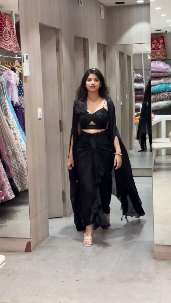 Black Satin Silk Thread With Sequence Dhoti Suit - Image 2