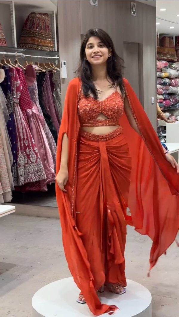 Orange Satin Silk Thread With Sequence Dhoti Suit - Image 2