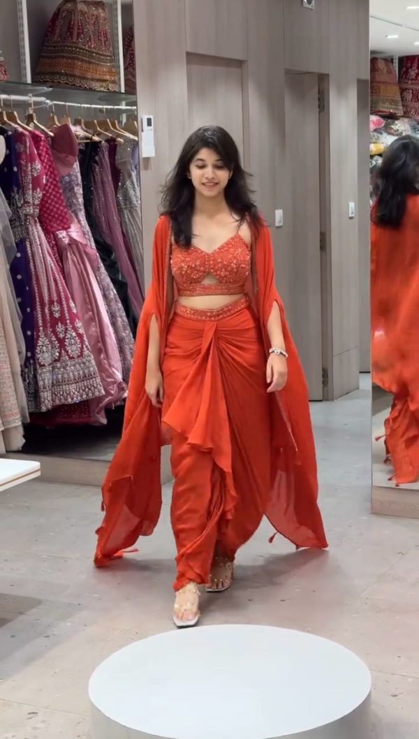 Orange Satin Silk Thread With Sequence Dhoti Suit - Image 3