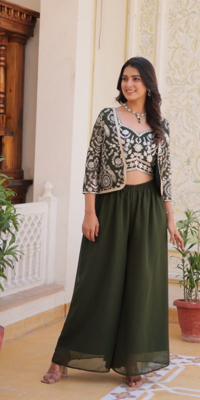 Mehandi Fox Georgette Embroidery Lace Work Anarkali Gown