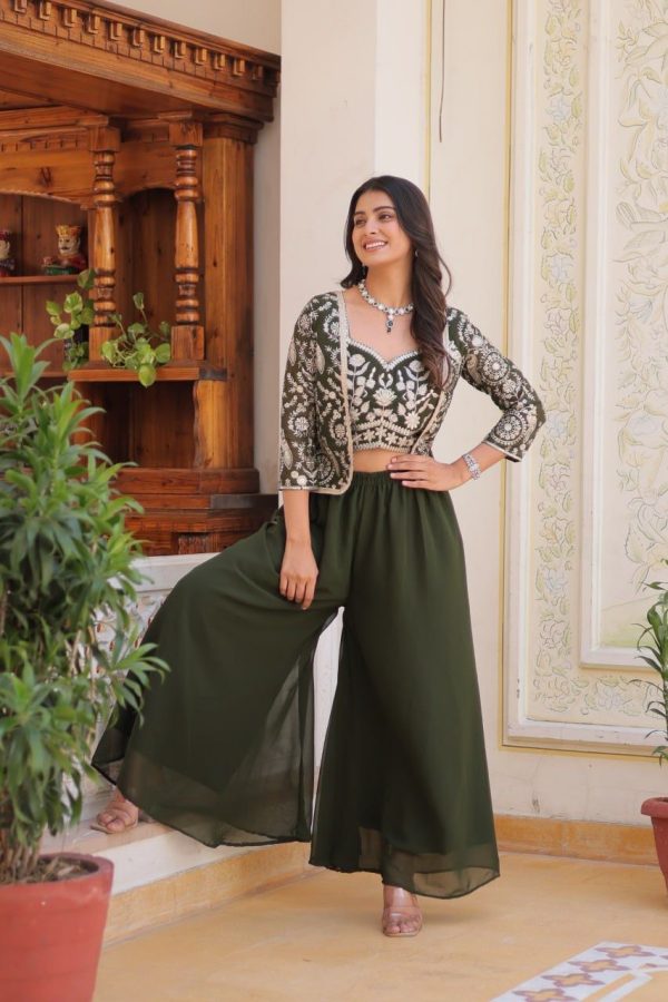 Mehandi Fox Georgette Embroidery Lace Work Anarkali Gown - Image 2
