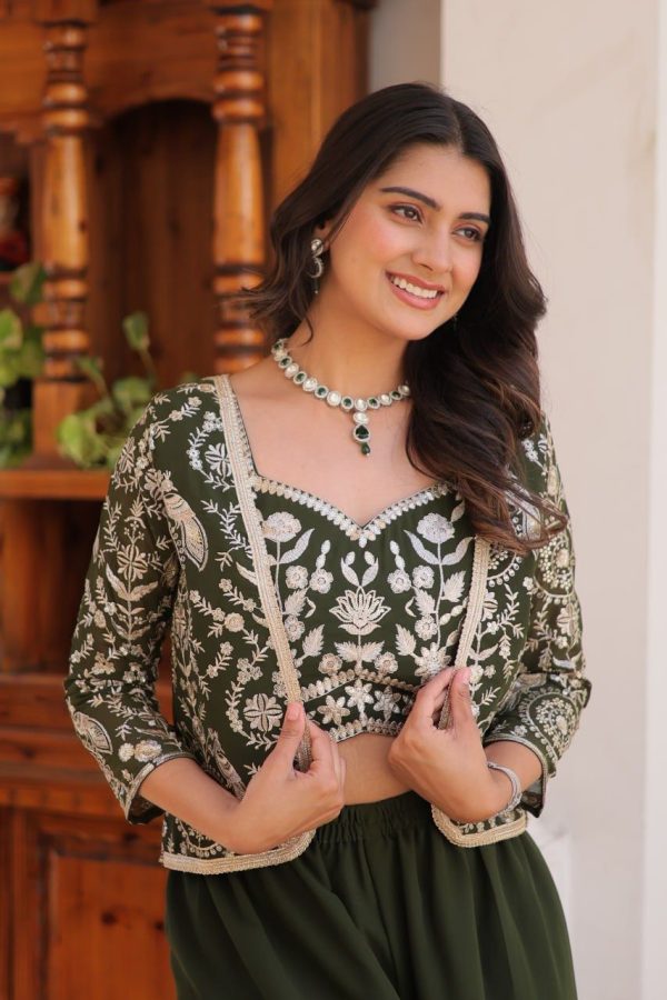 Mehandi Fox Georgette Embroidery Lace Work Anarkali Gown - Image 4