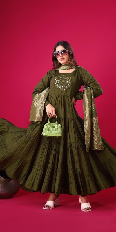 Magical Mehandi Color Roman Silk With Embroidery Sequence Work Anarkali Gown