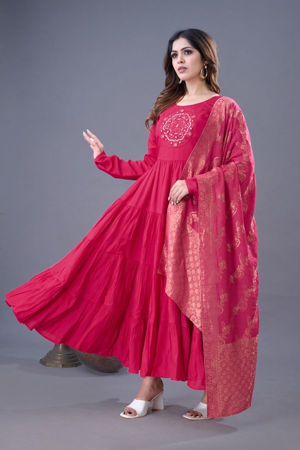 Pink Roman Silk Embroidery Sequence Work Anarkali Gown - Image 2