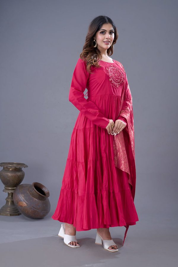 Pink Roman Silk Embroidery Sequence Work Anarkali Gown