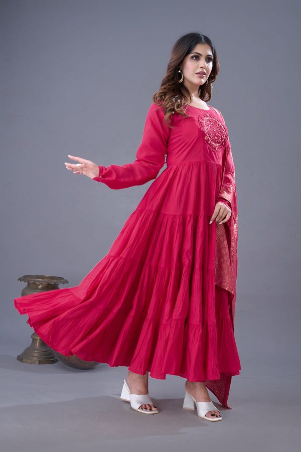 Pink Roman Silk Embroidery Sequence Work Anarkali Gown - Image 3
