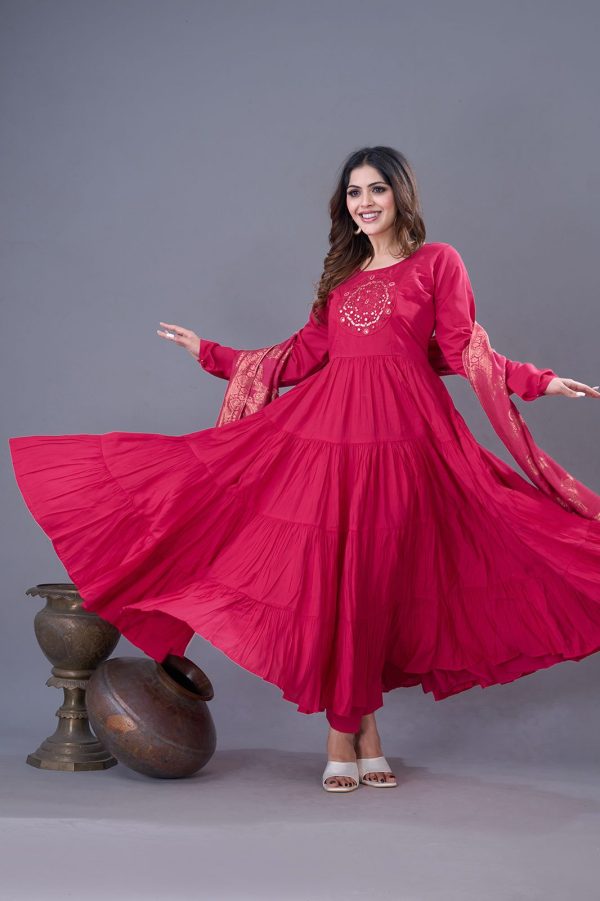 Pink Roman Silk Embroidery Sequence Work Anarkali Gown - Image 4