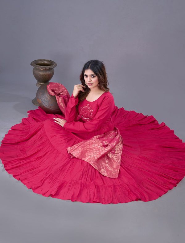 Pink Roman Silk Embroidery Sequence Work Anarkali Gown - Image 5