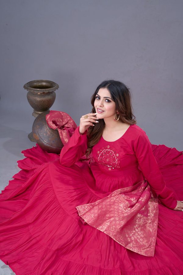 Pink Roman Silk Embroidery Sequence Work Anarkali Gown - Image 6
