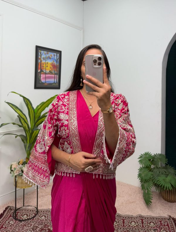 Pink Chinnon Fully Embroidery Koti Saree - Image 2