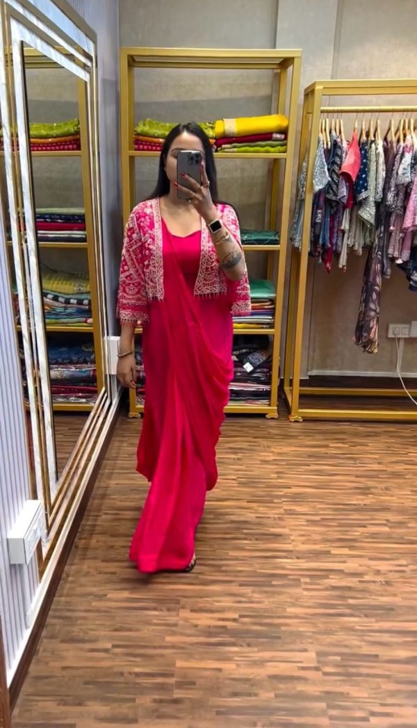 Pink Chinnon Fully Embroidery Koti Saree - Image 4