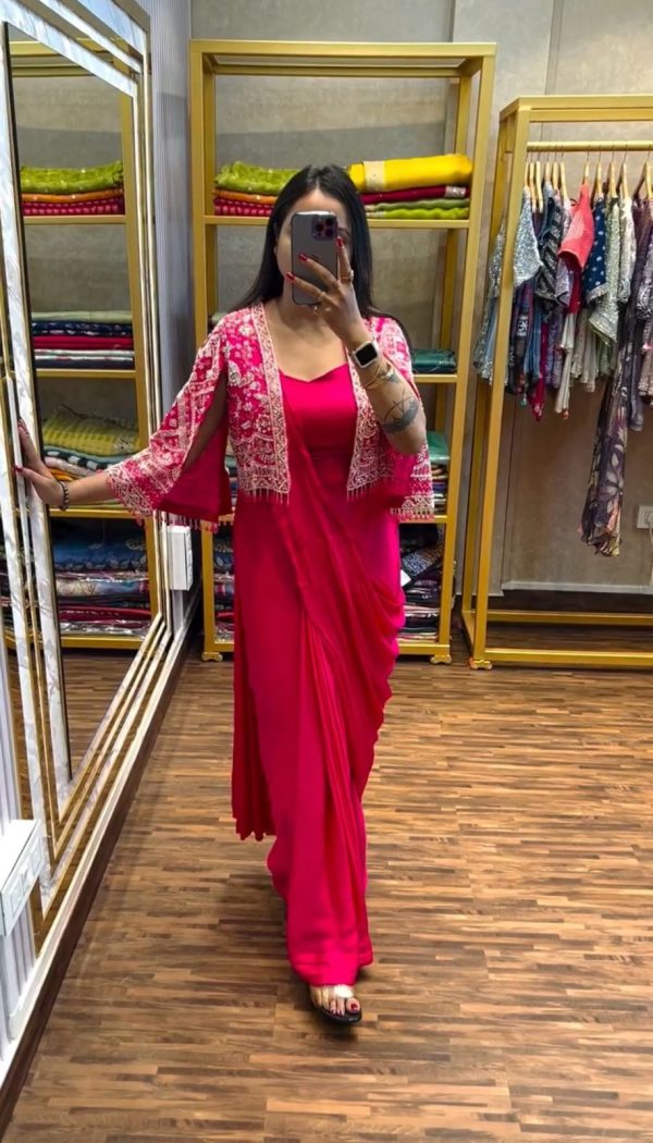 Pink Chinnon Fully Embroidery Koti Saree - Image 5