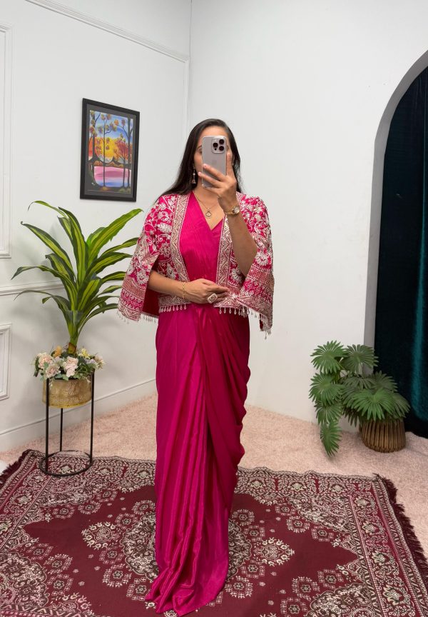 Pink Chinnon Fully Embroidery Koti Saree - Image 6