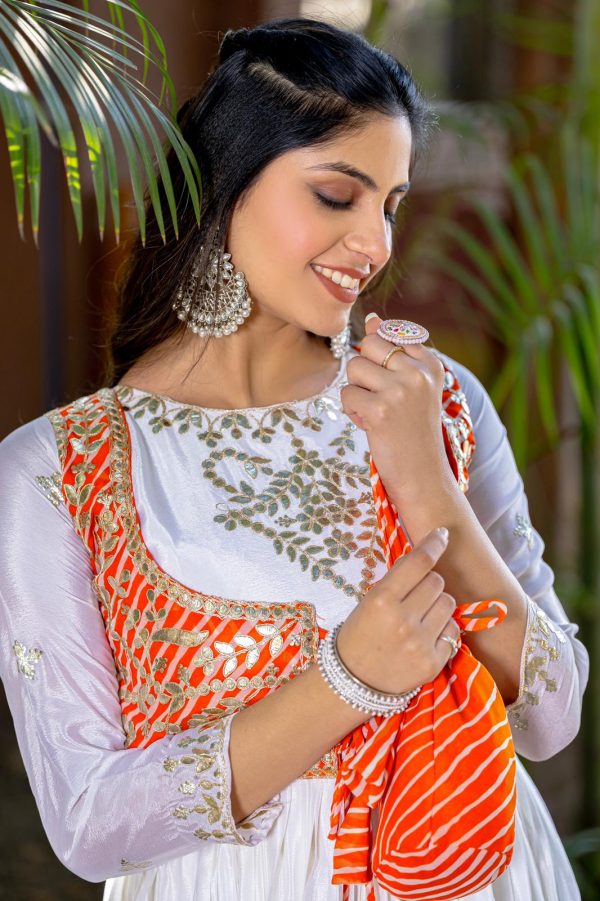 White Chinon Laheriya Print Gotta Patti Cording Work Anarkali Gown - Image 2