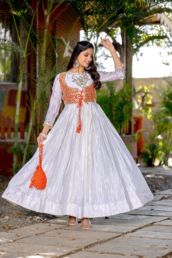 White Chinon Laheriya Print Gotta Patti Cording Work Anarkali Gown - Image 3