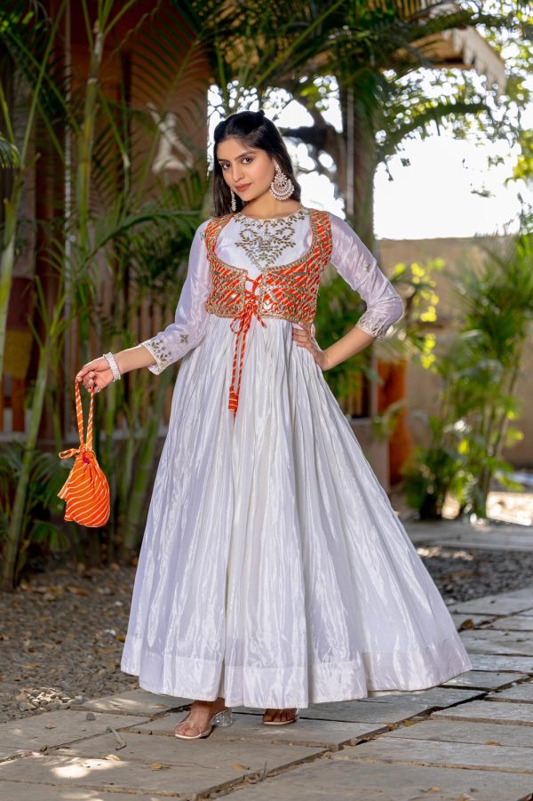White Chinon Laheriya Print Gotta Patti Cording Work Anarkali Gown - Image 4