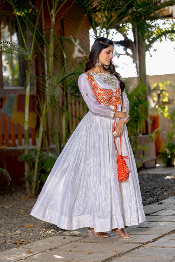 White Chinon Laheriya Print Gotta Patti Cording Work Anarkali Gown - Image 6