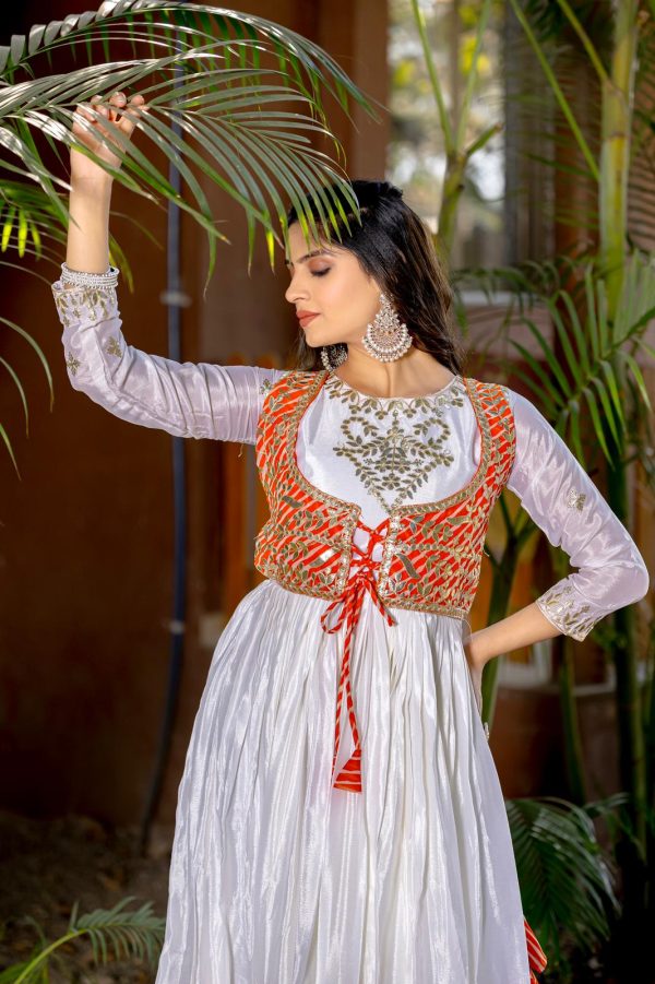 Magical White Color Chinon Laheriya Print Gotta Patti Cording Work Anarkali Gown