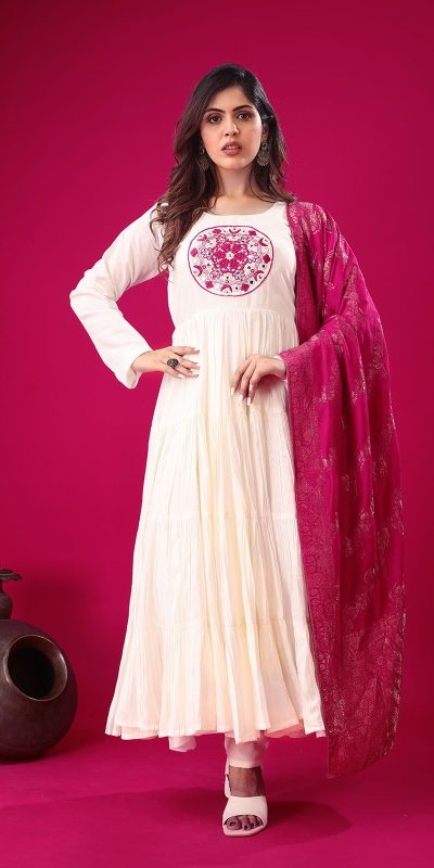 Magical White Color Roman Silk With Embroidery Sequence Work Anarkali Gown