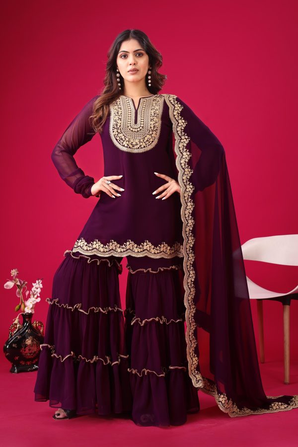 Wine Faux Georgette Embroidery Sequence Work Salwar Suit - Image 2