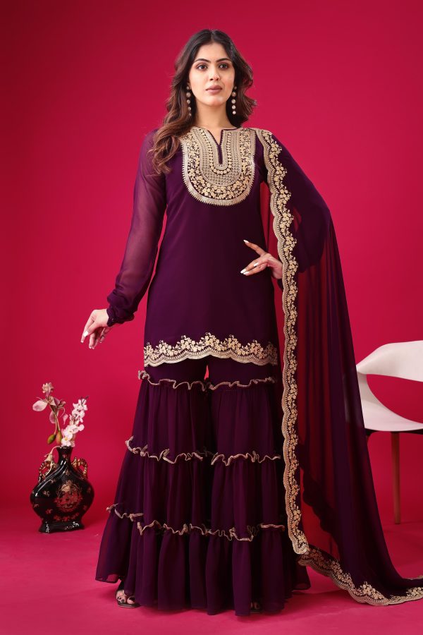 Magical Wine Color Faux Georgette With Heavy Embroidery Sequence Work Salwar Suit