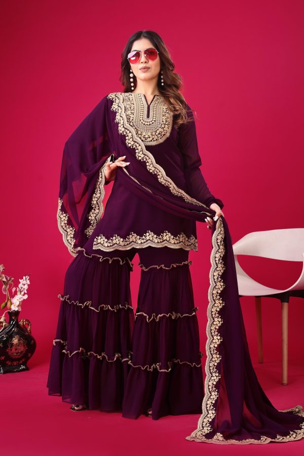 Wine Faux Georgette Embroidery Sequence Work Salwar Suit - Image 3