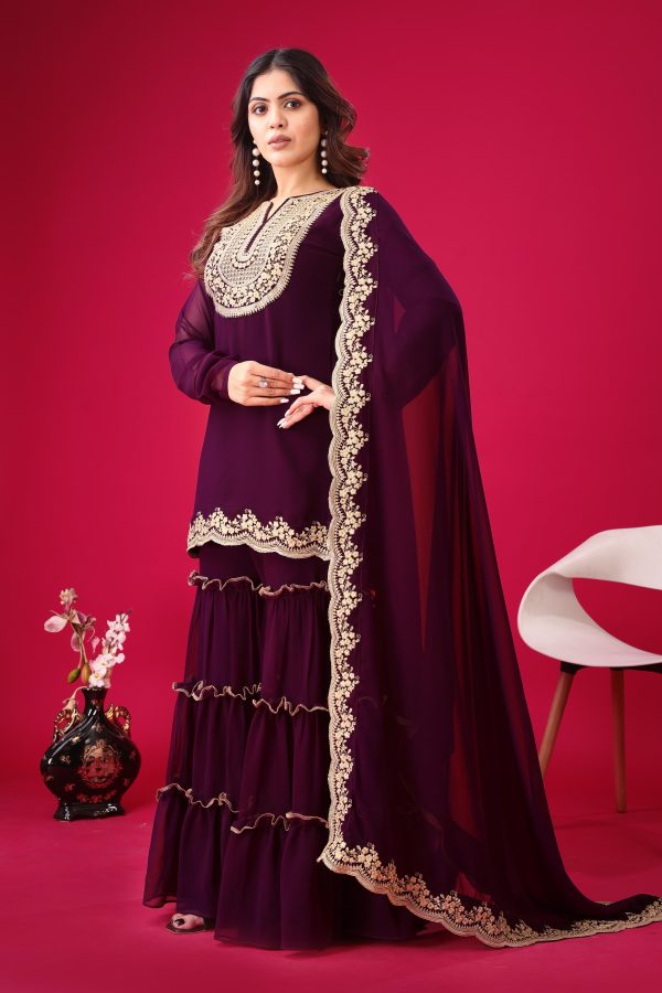 Wine Faux Georgette Embroidery Sequence Work Salwar Suit - Image 4