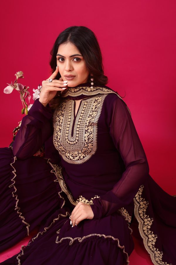 Wine Faux Georgette Embroidery Sequence Work Salwar Suit - Image 5