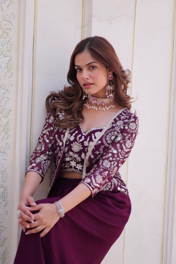 Wine Fox Georgette Embroidery Lace Work Anarkali Gown - Image 9