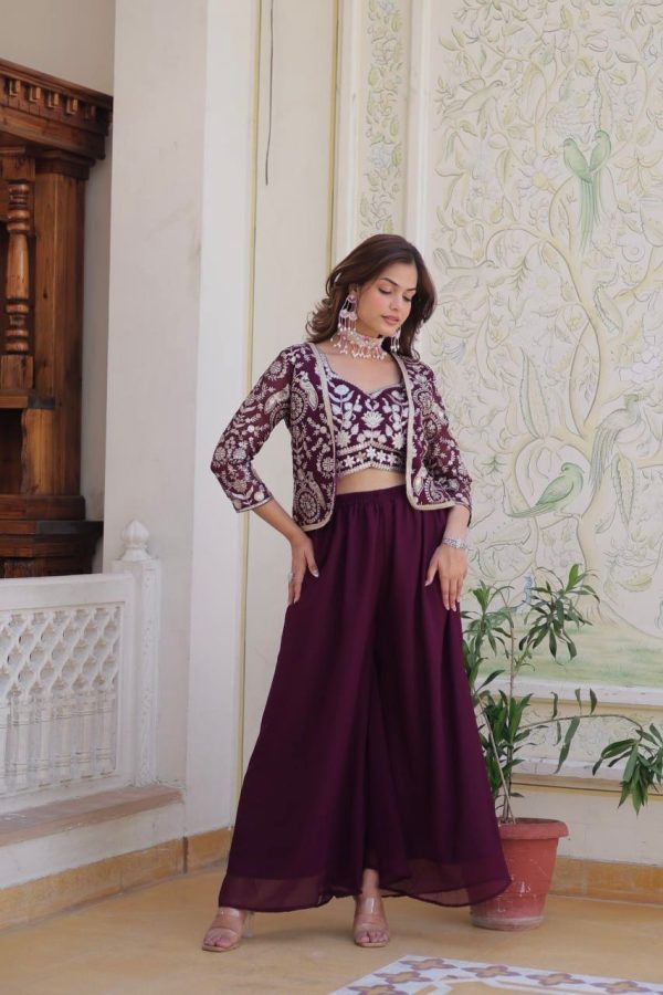 Wine Fox Georgette Embroidery Lace Work Anarkali Gown - Image 3