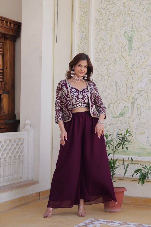 Wine Fox Georgette Embroidery Lace Work Anarkali Gown - Image 4