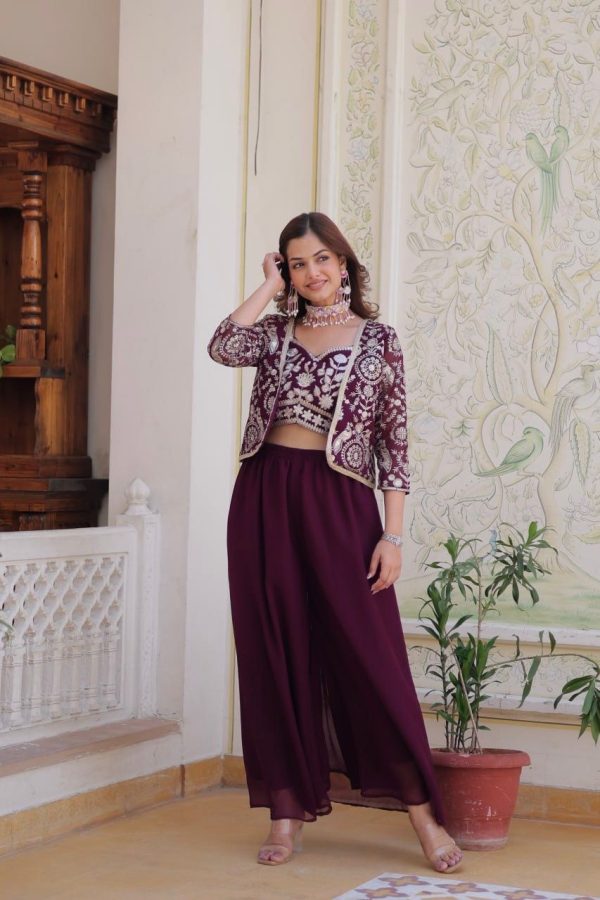 Wine Fox Georgette Embroidery Lace Work Anarkali Gown - Image 5