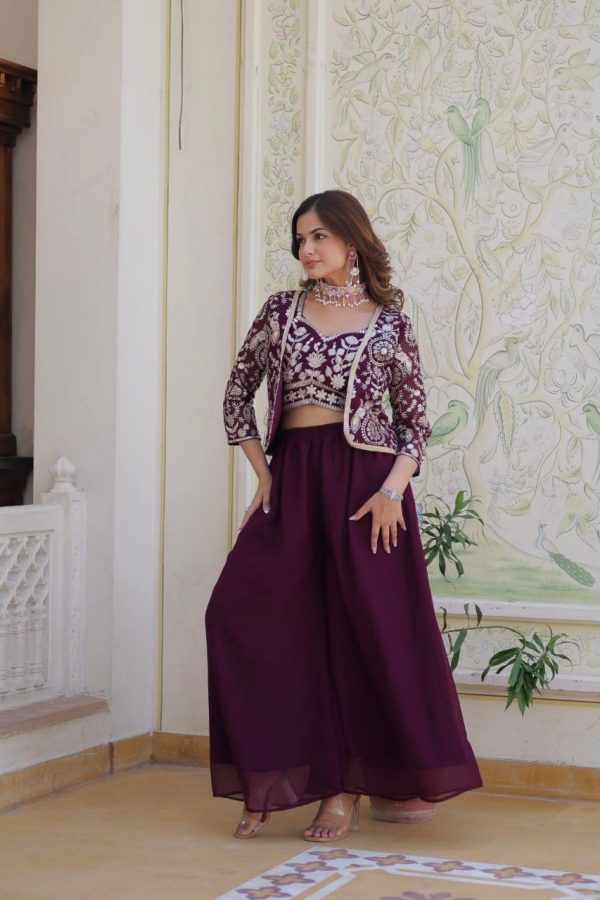Wine Fox Georgette Embroidery Lace Work Anarkali Gown - Image 6