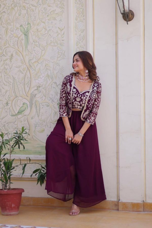 Wine Fox Georgette Embroidery Lace Work Anarkali Gown - Image 8
