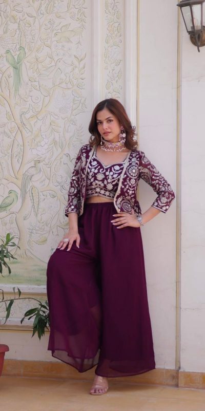 Wine Fox Georgette Embroidery Lace Work Anarkali Gown