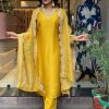Yellow Chinon Silk Wide Digital Print Coding Work Lace Salwar Suit