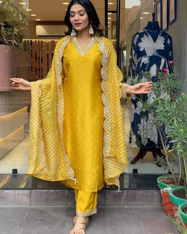 Yellow Chinon Silk Wide Digital Print Coding Work Lace Salwar Suit