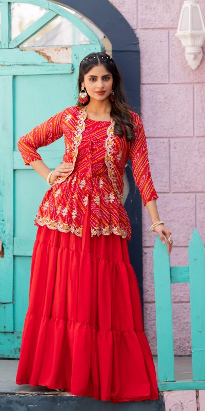 Nice Red Color Bandhej Embroidery Thared Work Lehenga Crop Top & Jacket