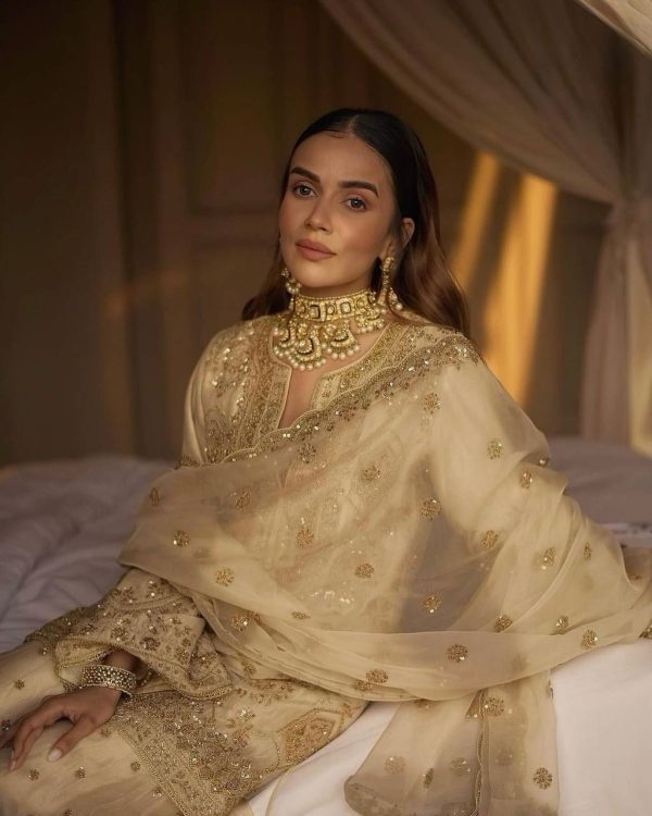 Cream Chinon Silk Thread Sequence Salwar Suit - Image 5