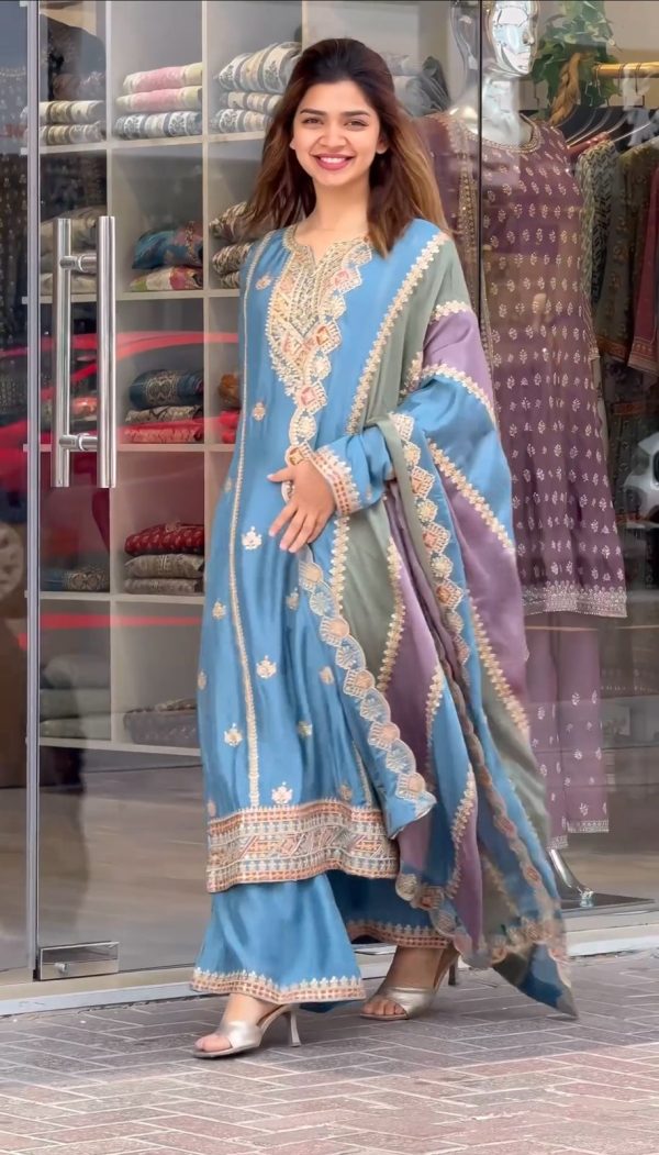 Sky Blue Faux Georgette With Embroidery Sequence Work Salwar Suit - Image 3