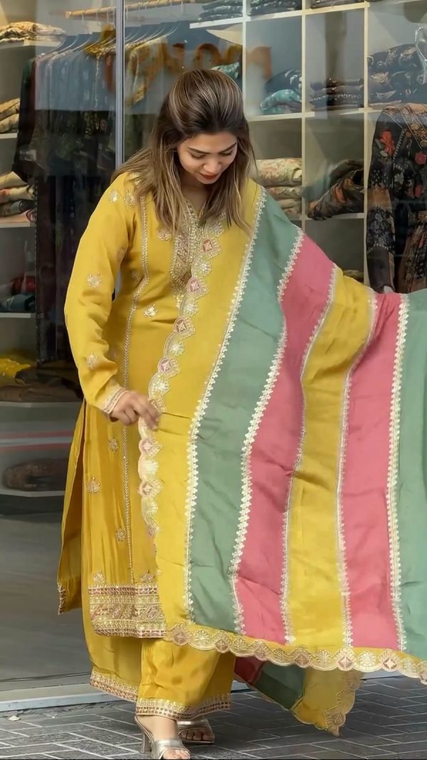 Yellow Faux Georgette With Embroidery Sequence Work Salwar Suit - Image 2