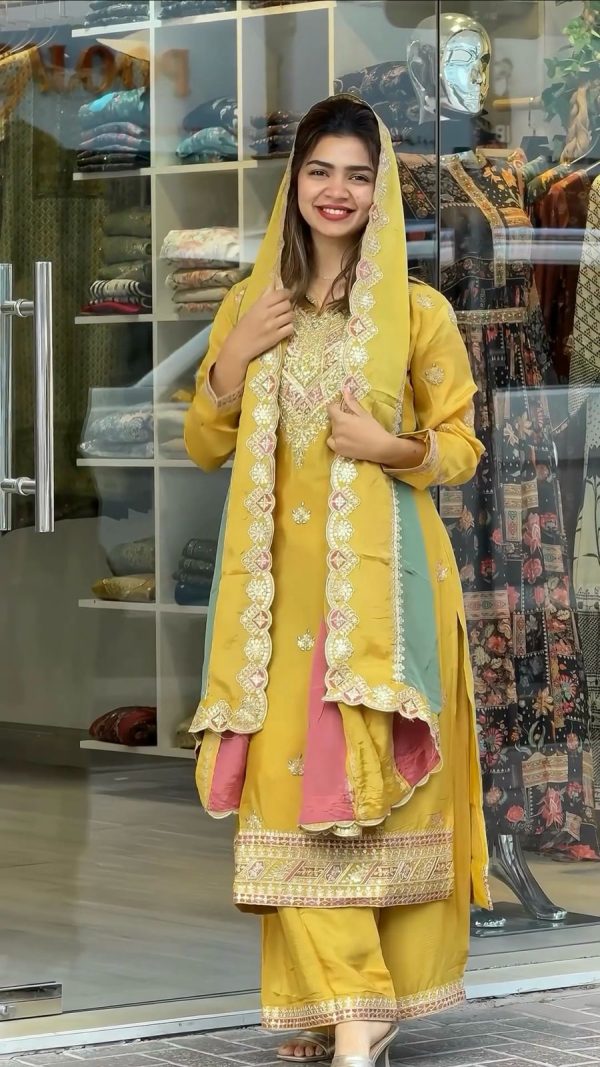 Yellow Faux Georgette With Embroidery Sequence Work Salwar Suit - Image 3