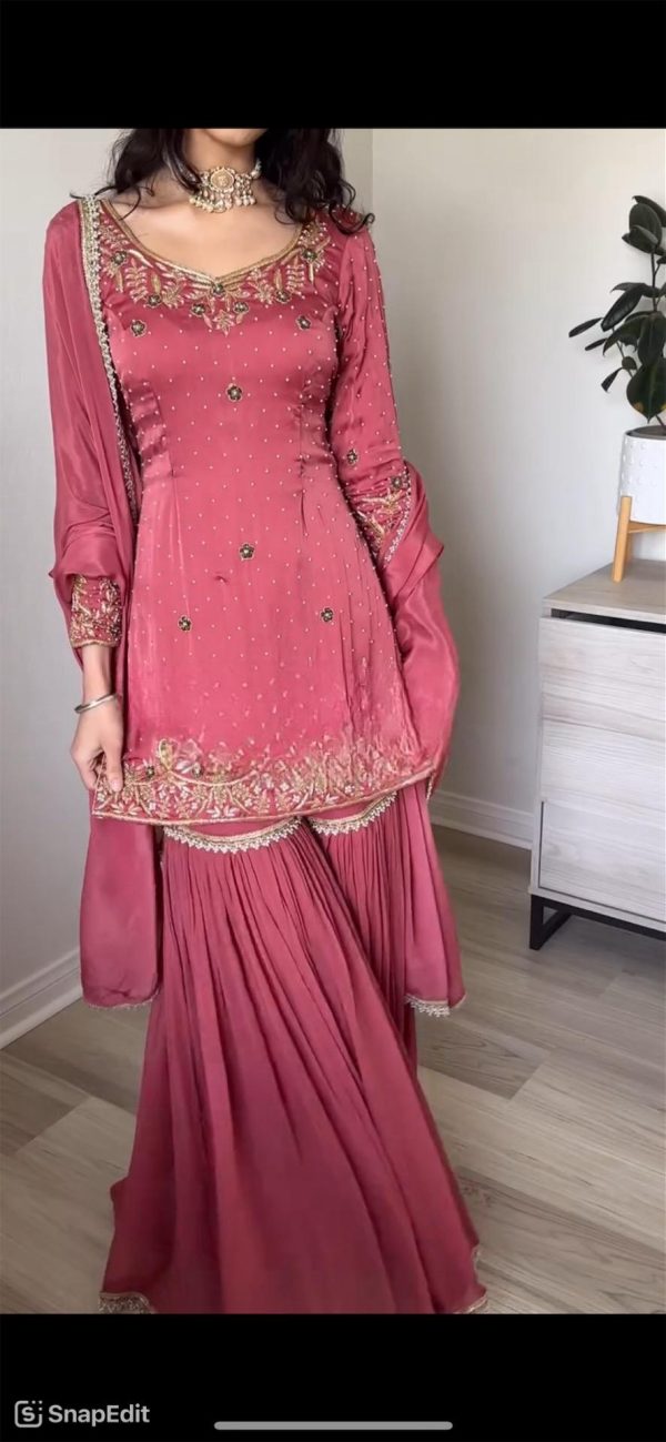 Peach Chinnon Silk Heavy Embroidery Work With Moti Handwork Salwar Suit - Image 3