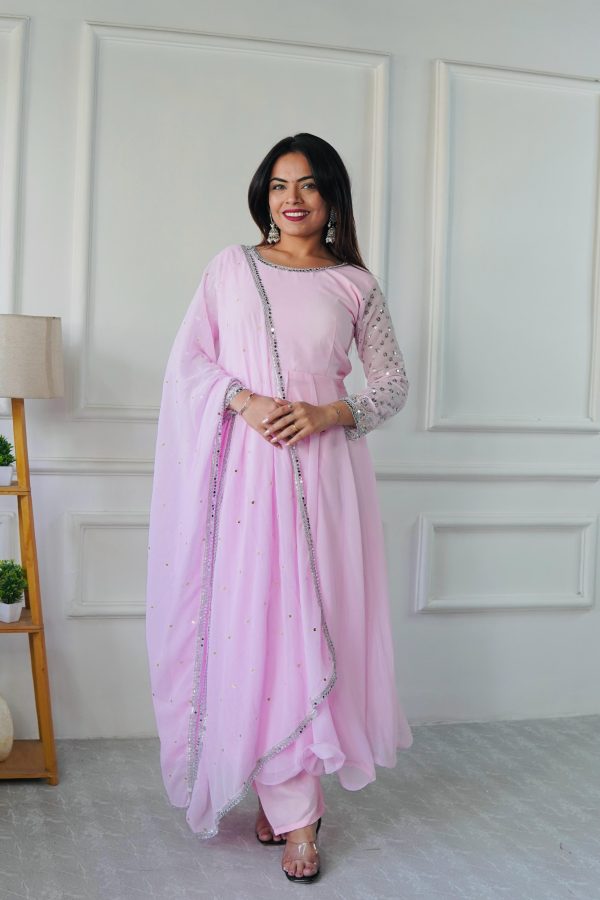 Baby Pink Foix Georgette Embroidery Work Anarkali Gown - Image 4